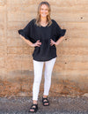 Harley V Neck Top With Frill Sleeve in Black Linen
