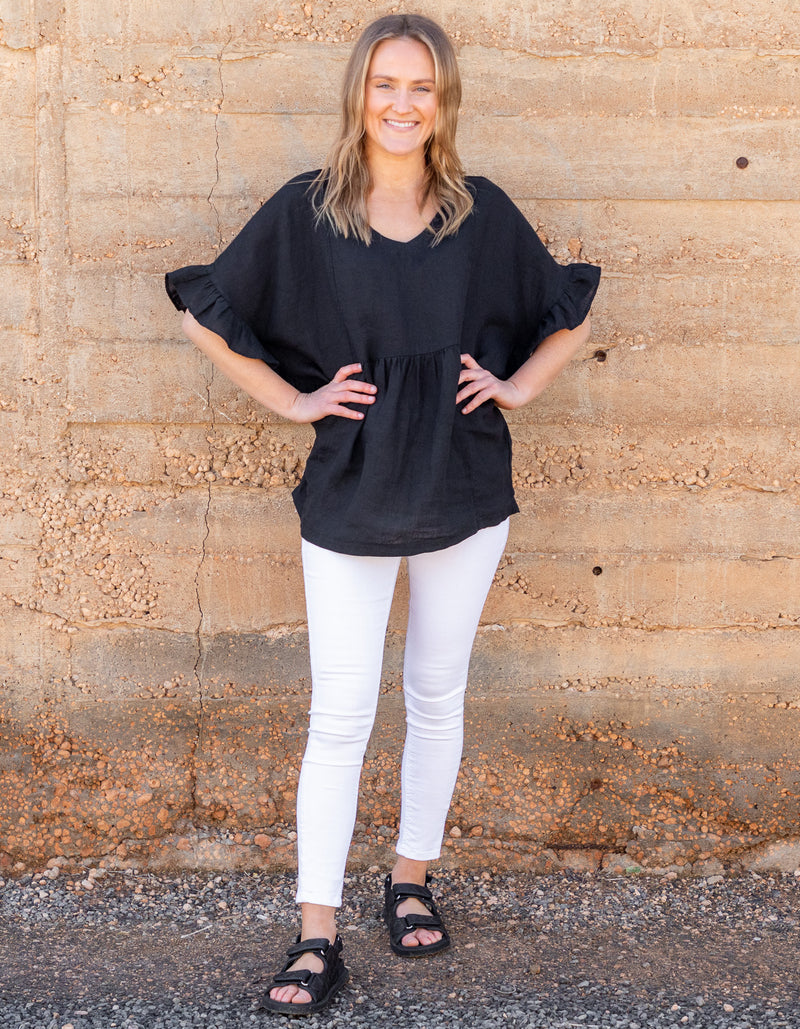 Harley V Neck Top With Frill Sleeve in Black Linen