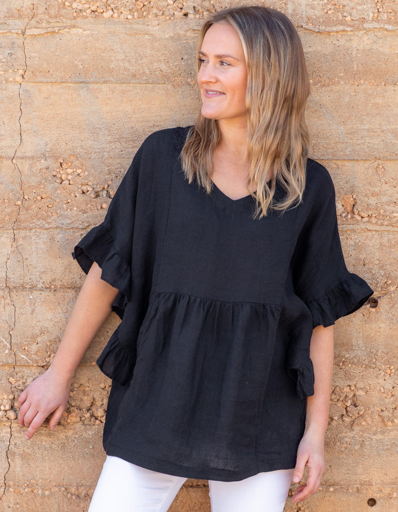 Harley V Neck Top With Frill Sleeve in Black Linen