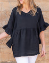 Harley V Neck Top With Frill Sleeve in Black Linen