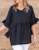 Harley V Neck Top With Frill Sleeve in Black Linen