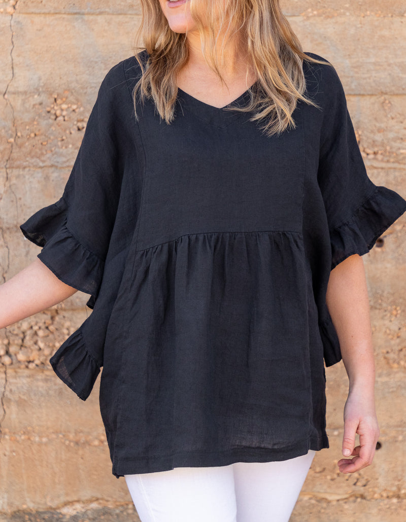 Harley V Neck Top With Frill Sleeve in Black Linen