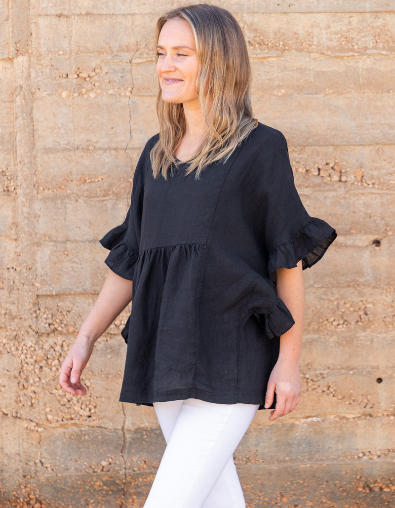 Harley V Neck Top With Frill Sleeve in Black Linen
