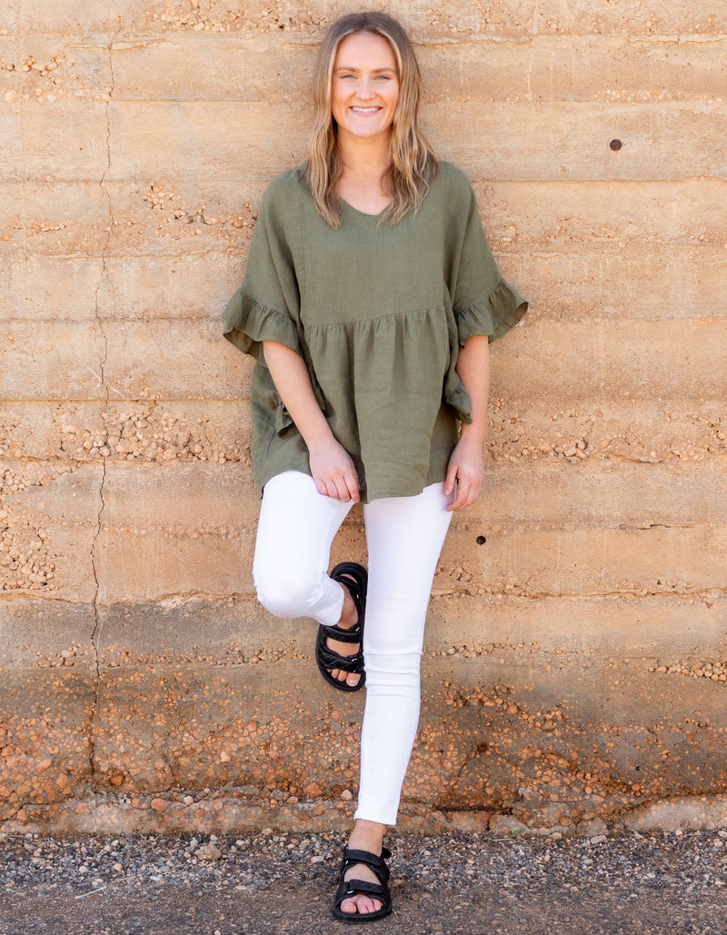 Harley V Neck Top With Frill Sleeve in Khaki Linen