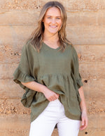 Harley V Neck Top With Frill Sleeve in Khaki Linen