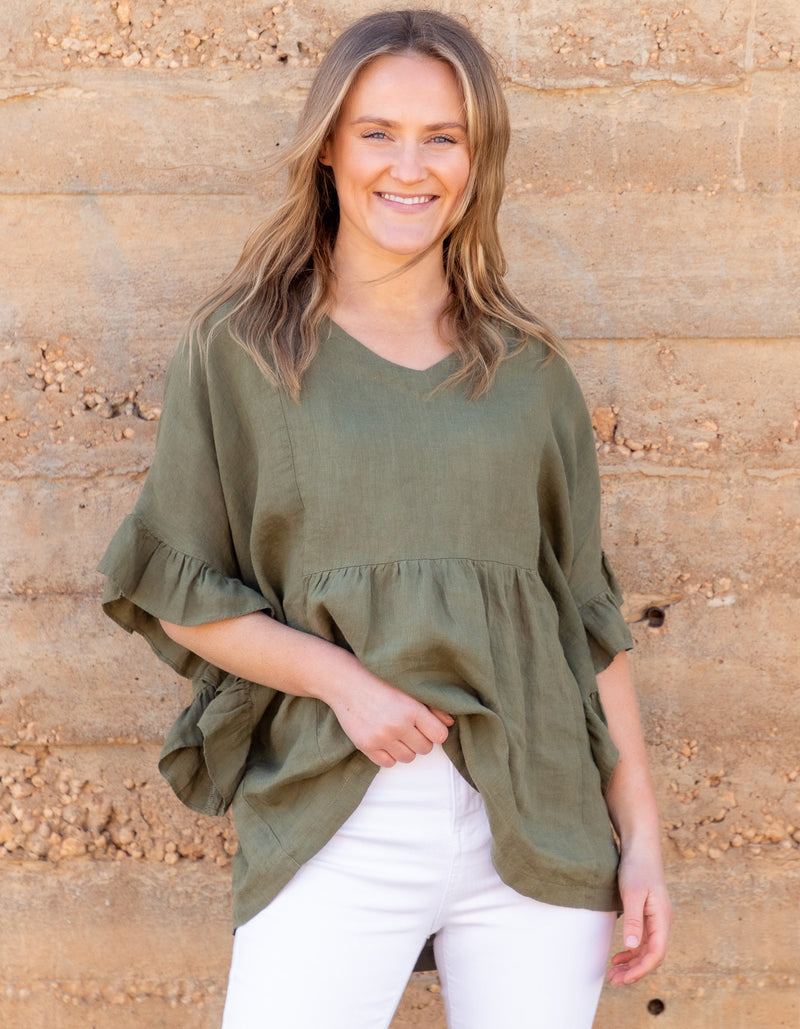 Harley V Neck Top With Frill Sleeve in Khaki Linen
