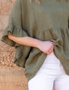 Harley V Neck Top With Frill Sleeve in Khaki Linen