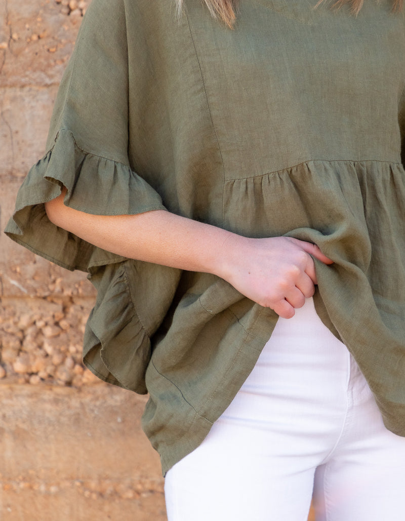 Harley V Neck Top With Frill Sleeve in Khaki Linen