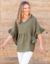 Harley V Neck Top With Frill Sleeve in Khaki Linen