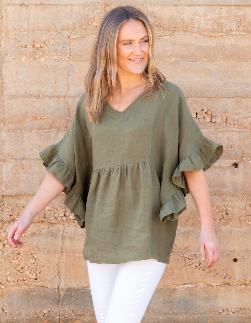 Harley V Neck Top With Frill Sleeve in Khaki Linen