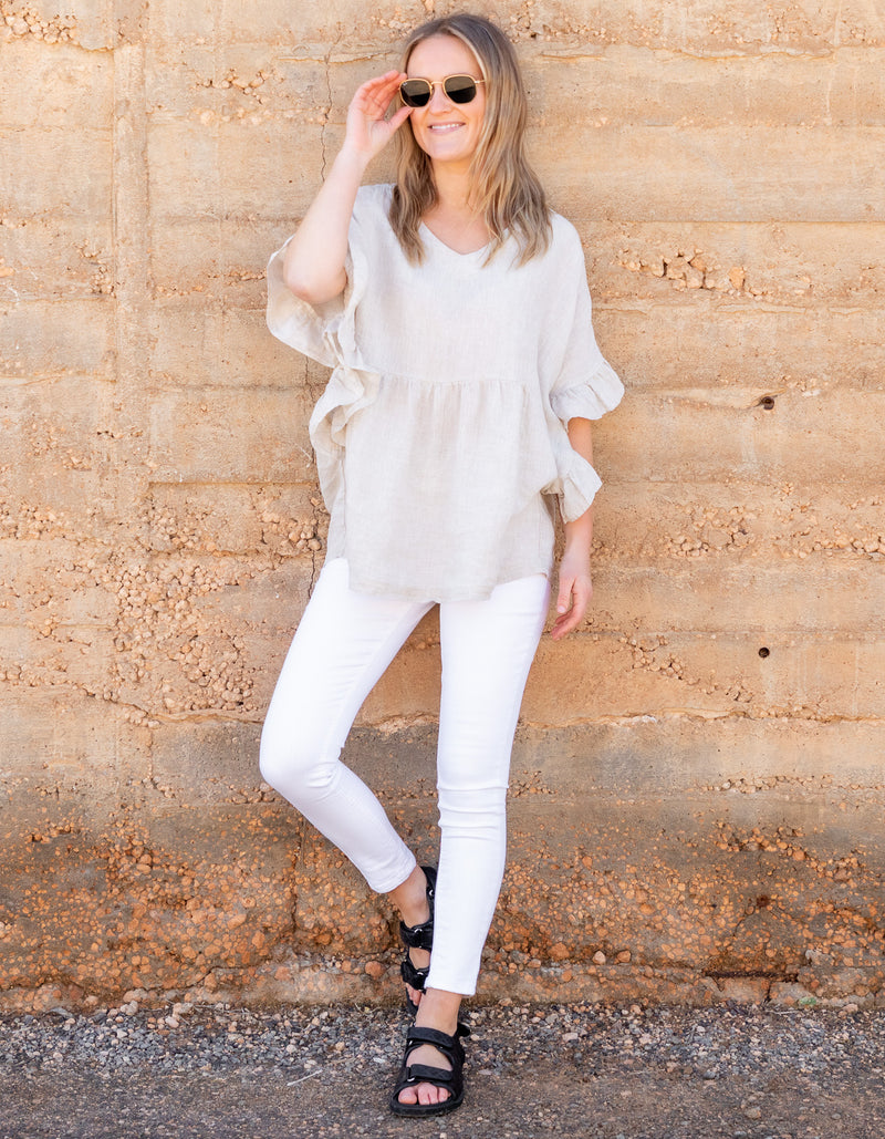 Harley V Neck Top With Frill Sleeve in Beige Linen
