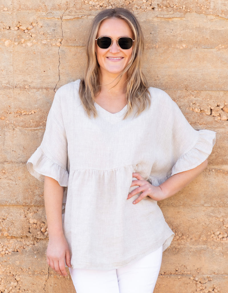 Harley V Neck Top With Frill Sleeve in Beige Linen