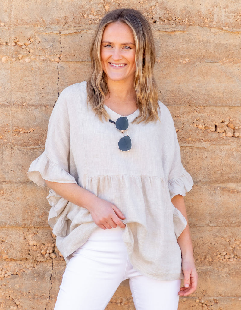 Harley V Neck Top With Frill Sleeve in Beige Linen