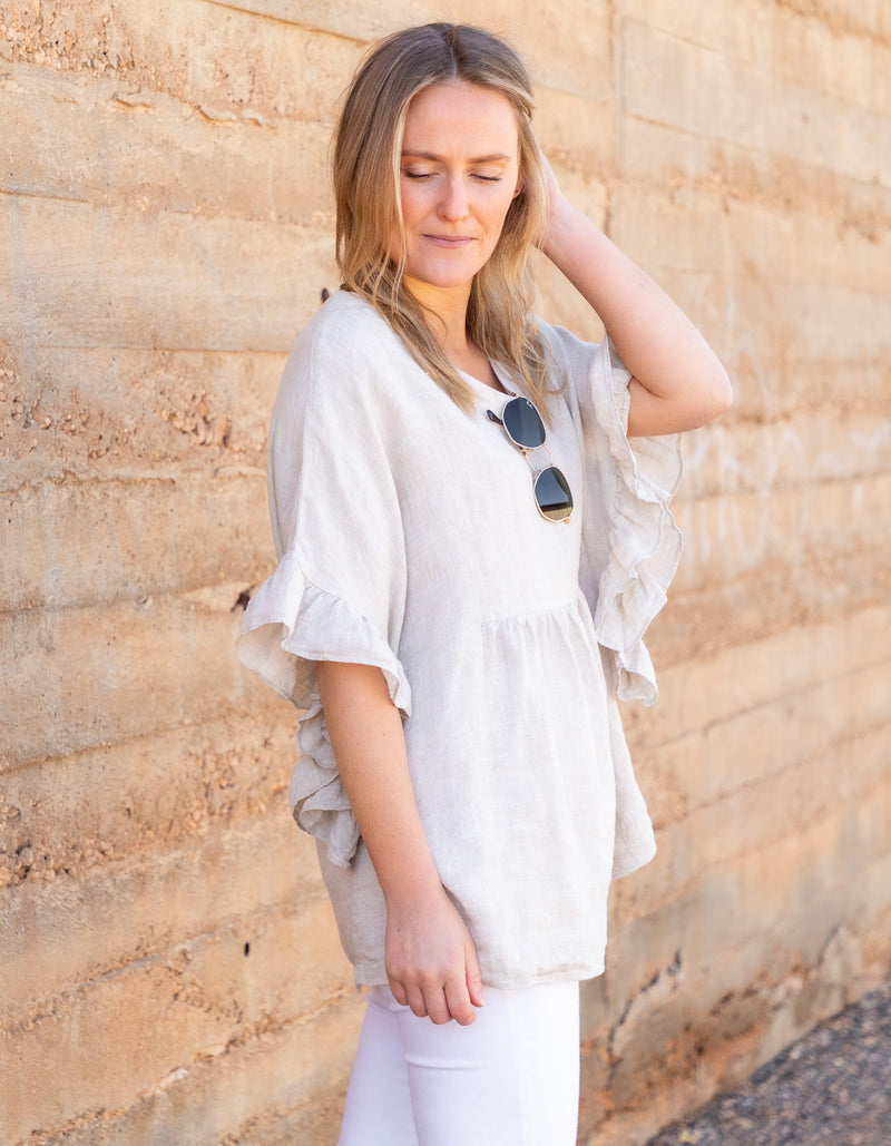 Harley V Neck Top With Frill Sleeve in Beige Linen