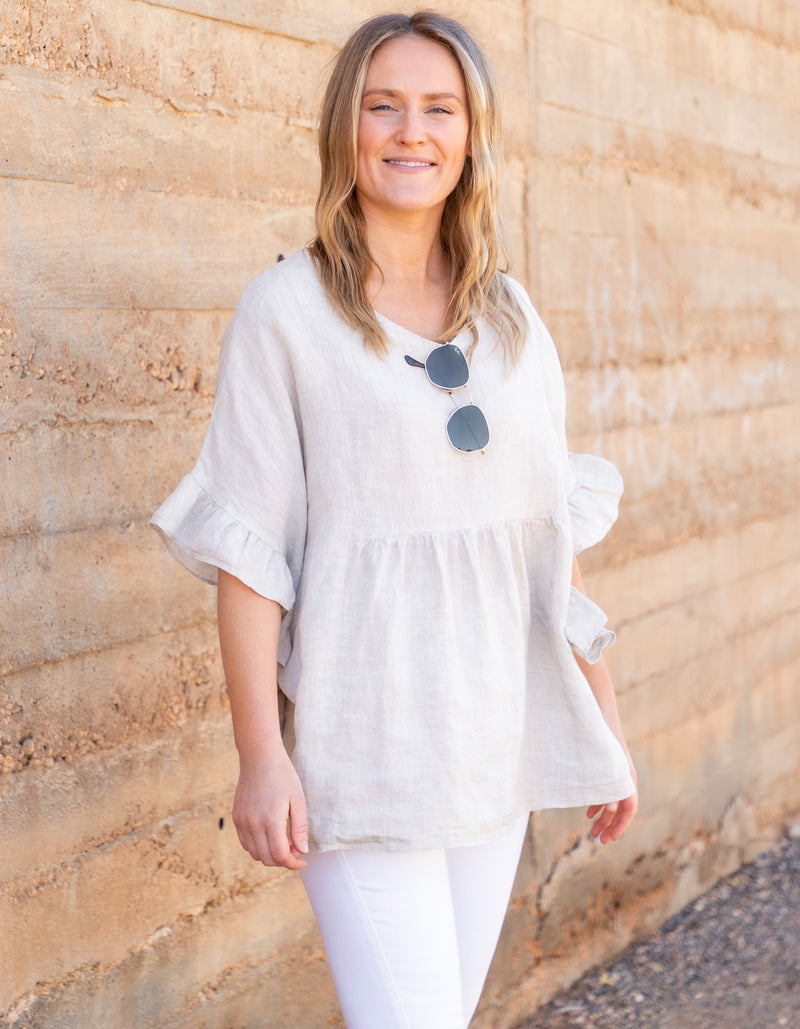 Harley V Neck Top With Frill Sleeve in Beige Linen