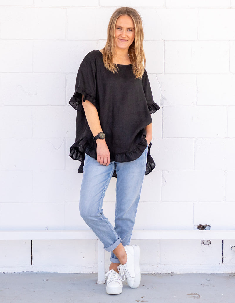 Millie Relaxed Fit Top in Black Linen