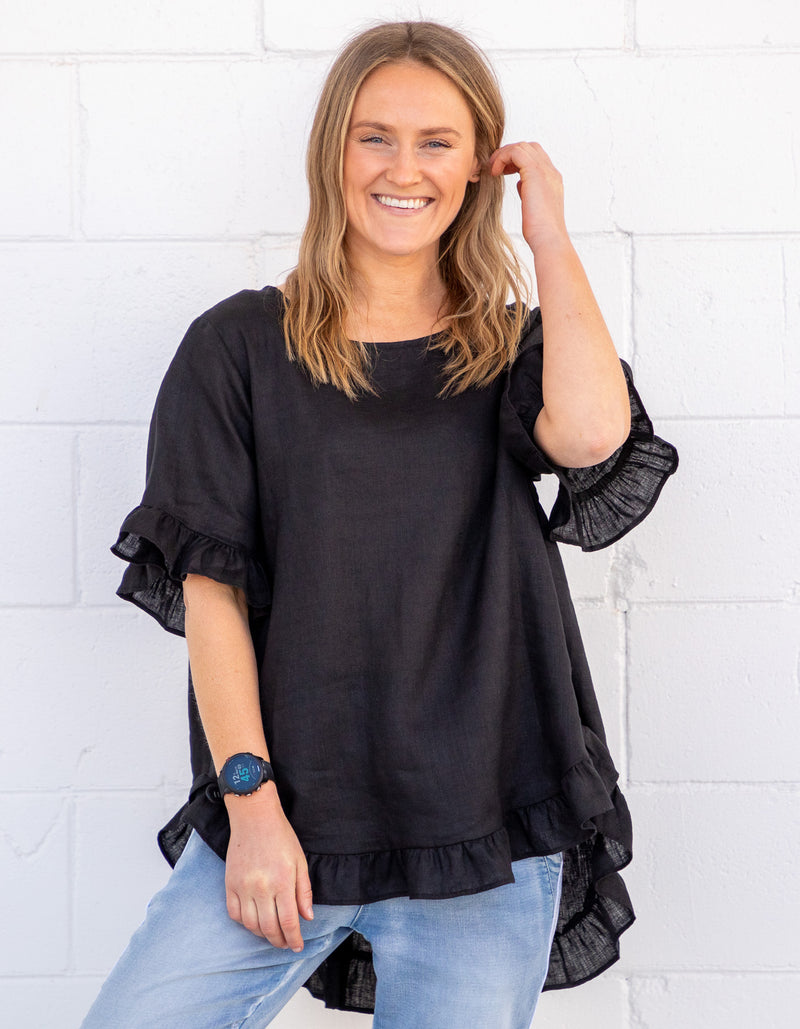 Millie Relaxed Fit Top in Black Linen