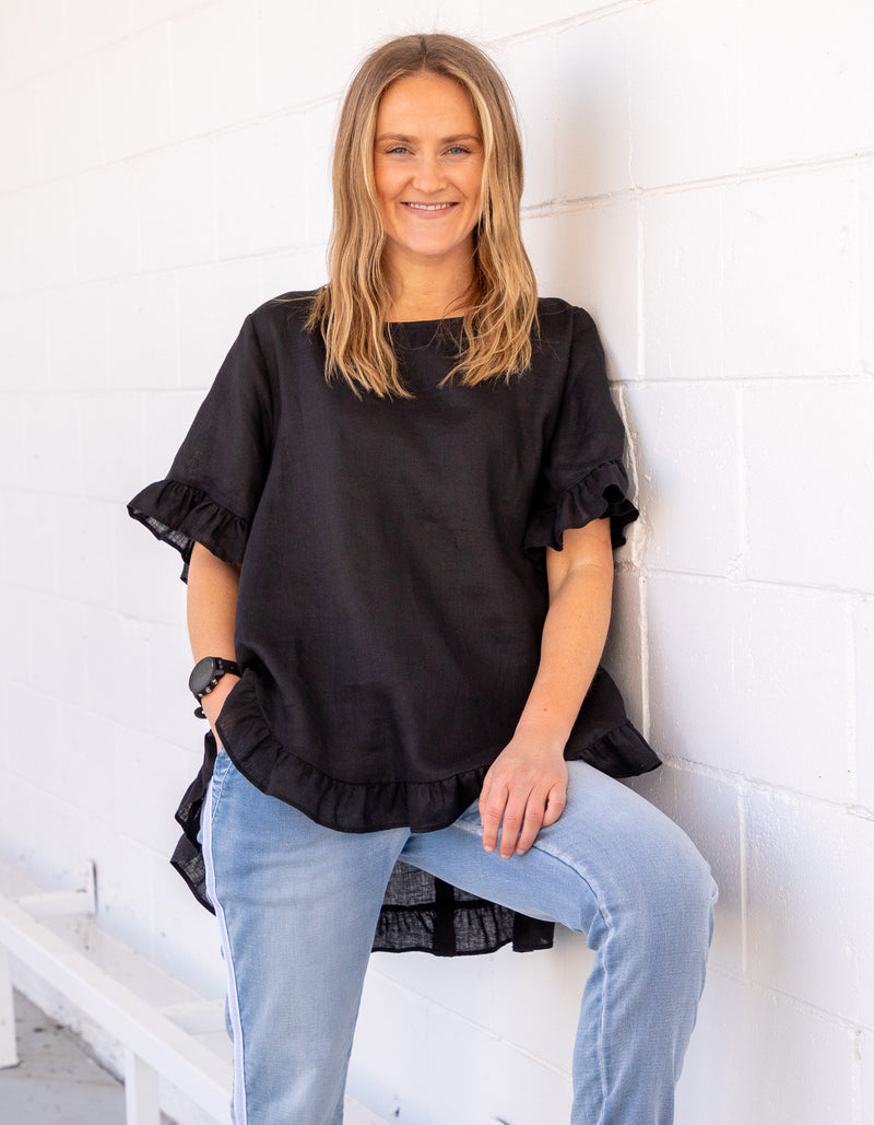 Millie Relaxed Fit Top in Black Linen