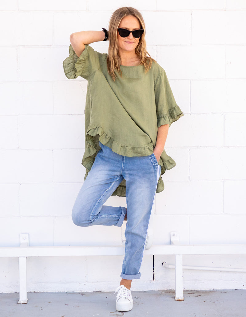 Millie Relaxed Fit Top in Khaki Linen