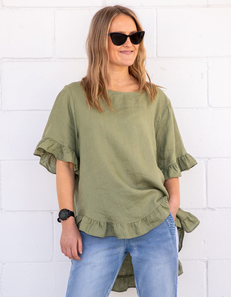 Millie Relaxed Fit Top in Khaki Linen