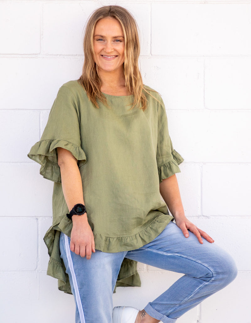 Millie Relaxed Fit Top in Khaki Linen