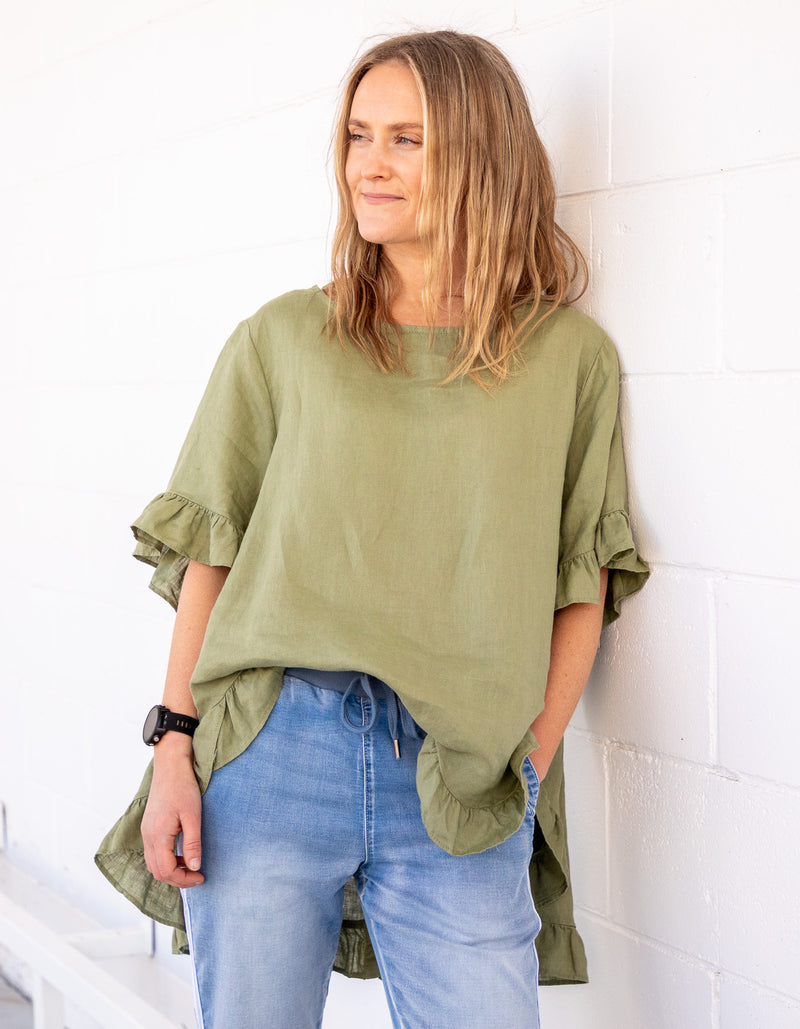 Millie Relaxed Fit Top in Khaki Linen