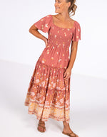 Hallie Shirred Bodice Dress in Salmon Floral