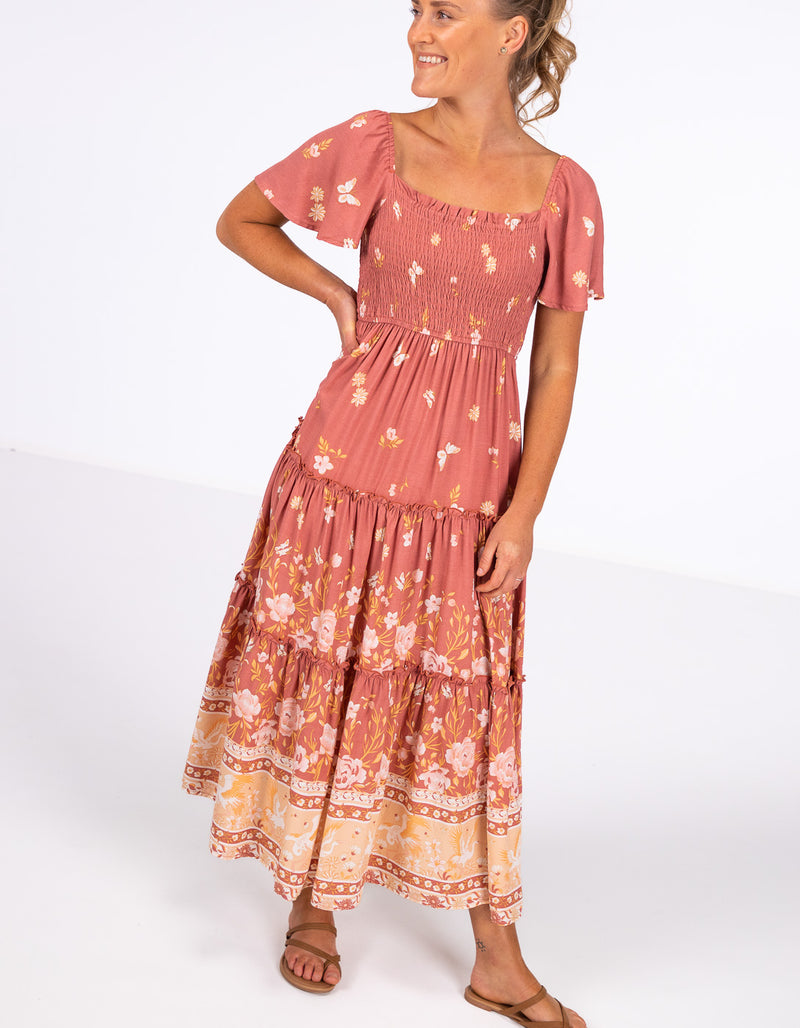 Hallie Shirred Bodice Dress in Salmon Floral