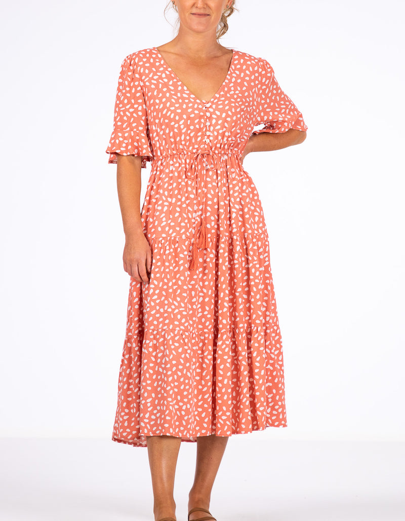 Fergie Drawstring Waist Midi Dress in Dusty Pink