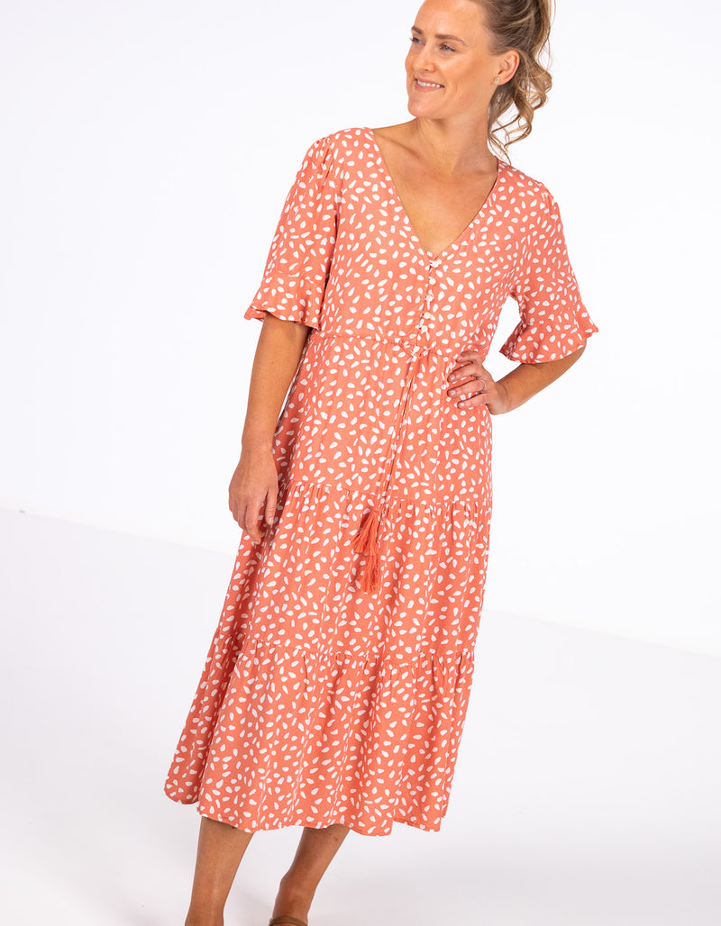 Fergie Drawstring Waist Midi Dress in Dusty Pink