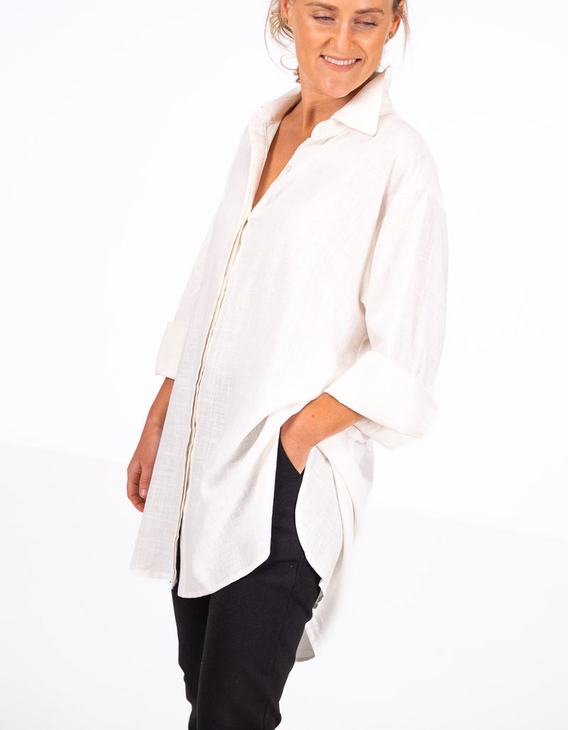Nivara Oversize Cuff Shirt in White Linen