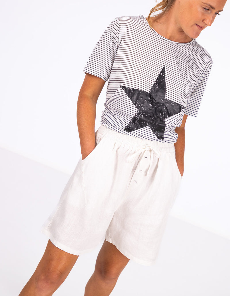 Nikki Elastic Waist Shorts in White Linen