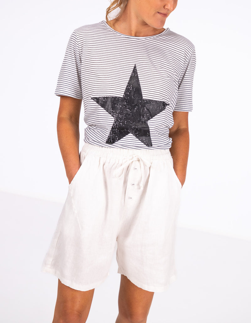 Nikki Elastic Waist Shorts in White Linen