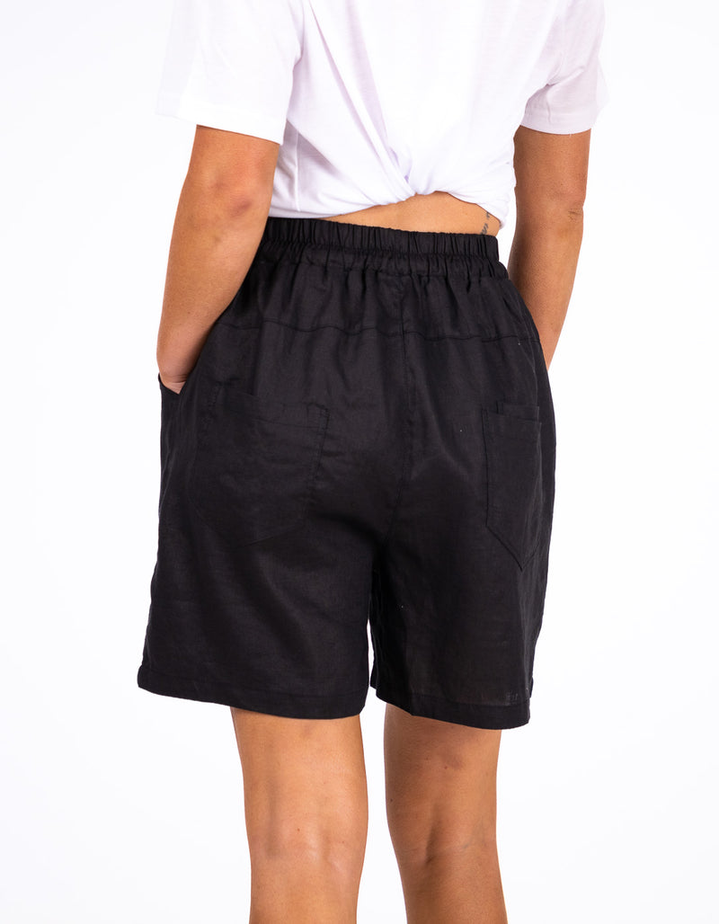 Nikki Elastic Waist Shorts in Black Linen