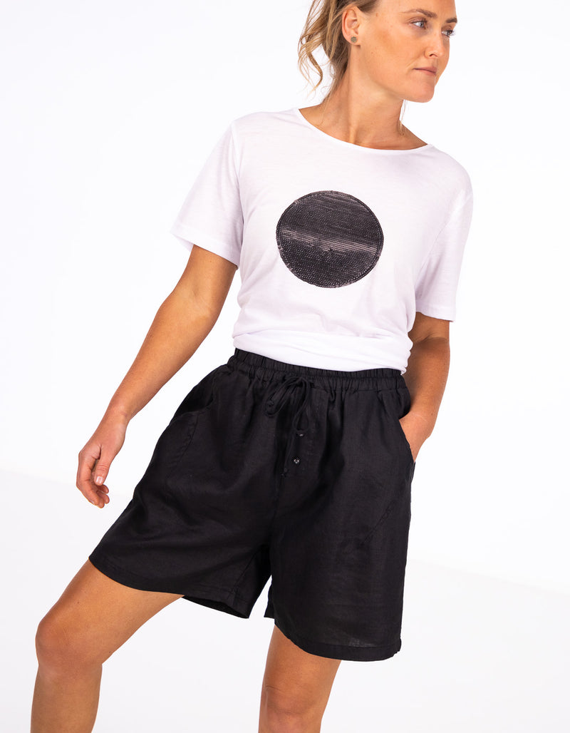 Nikki Elastic Waist Shorts in Black Linen