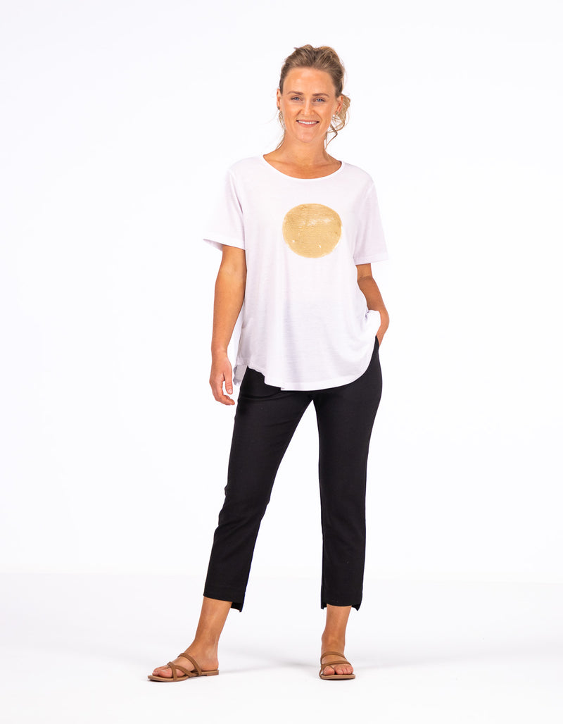 Ava Bamboo Cotton Sequin Circle Tee in White/Gold