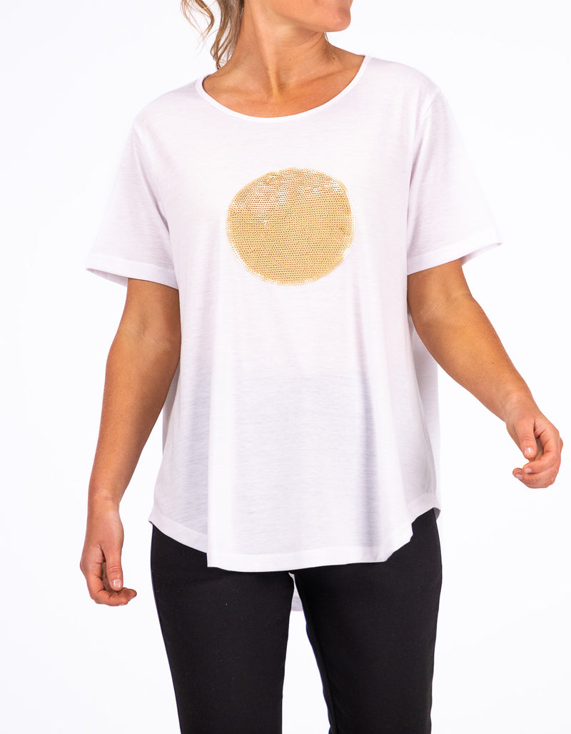 Ava Bamboo Cotton Sequin Circle Tee in White/Gold