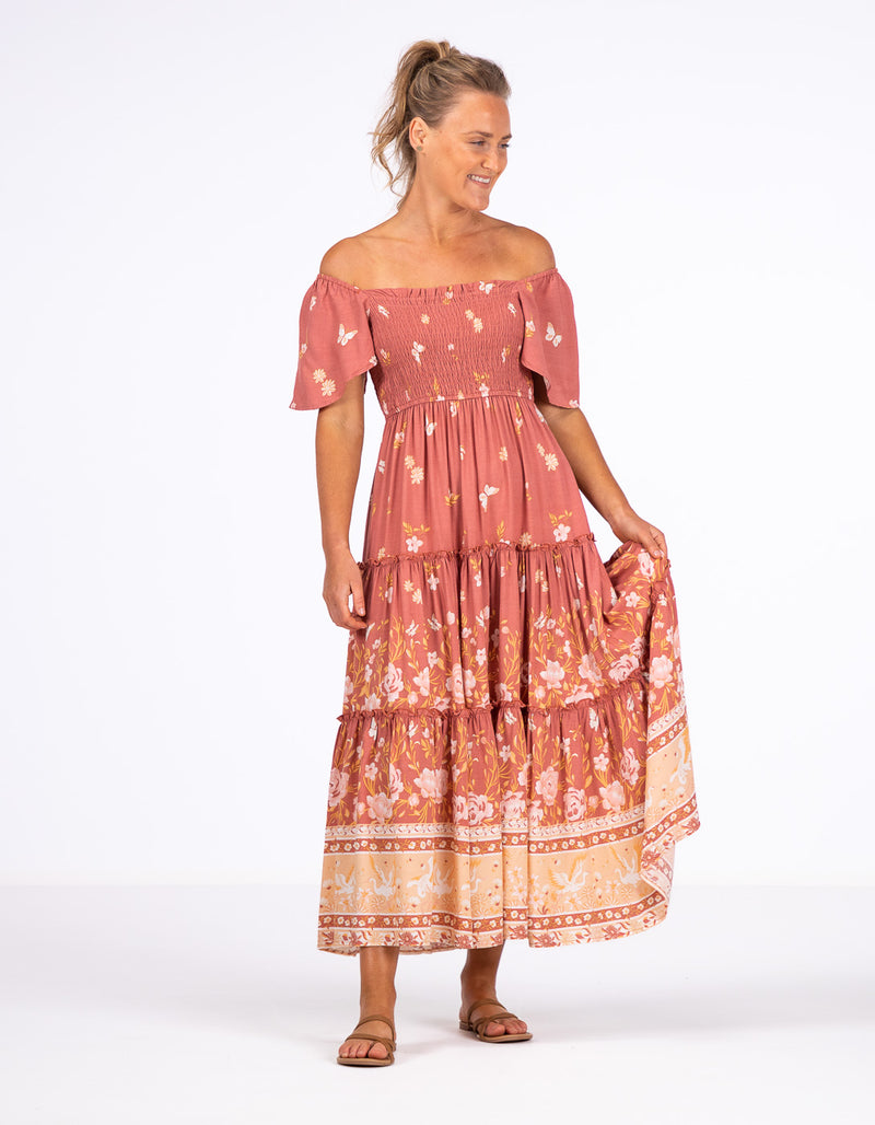 Hallie Shirred Bodice Dress in Salmon Floral