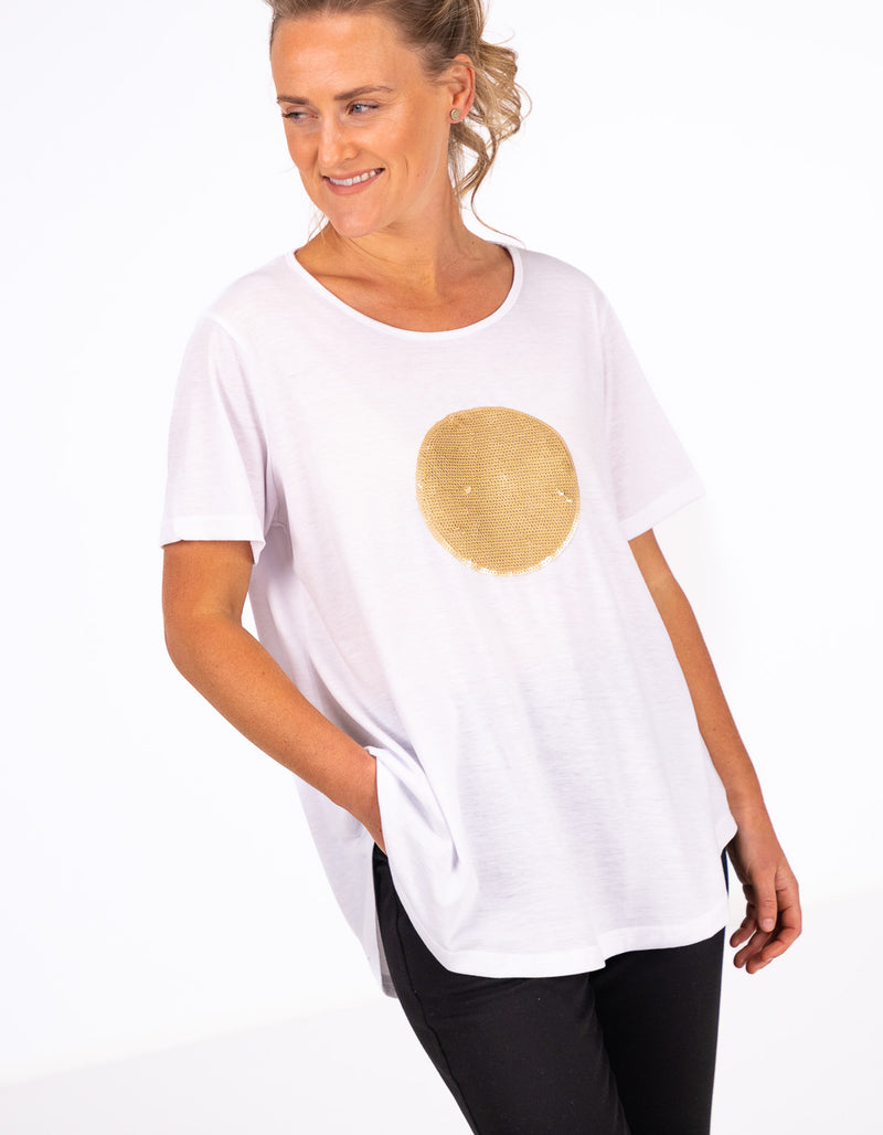 Ava Bamboo Cotton Sequin Circle Tee in White/Gold