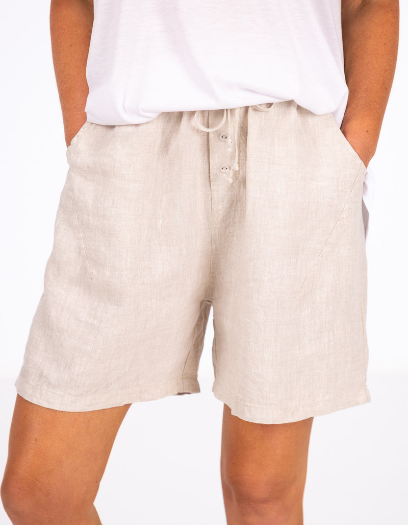 Nikki Elastic Waist Shorts in Beige Linen