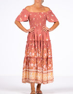 Hallie Shirred Bodice Dress in Salmon Floral