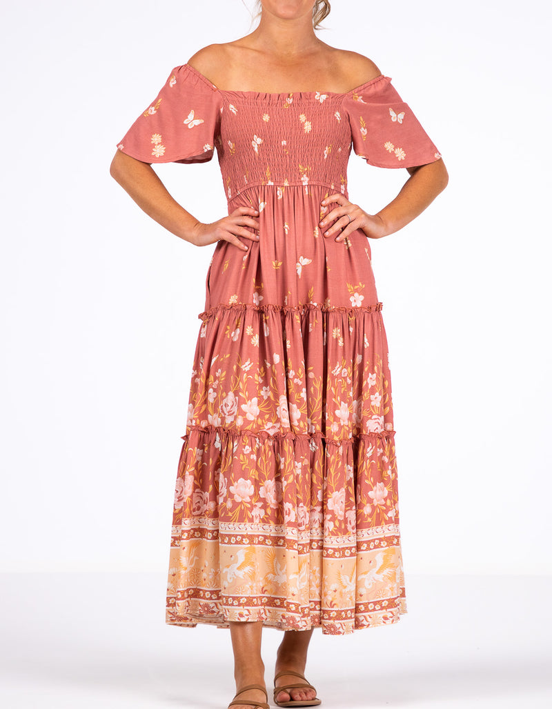 Hallie Shirred Bodice Dress in Salmon Floral