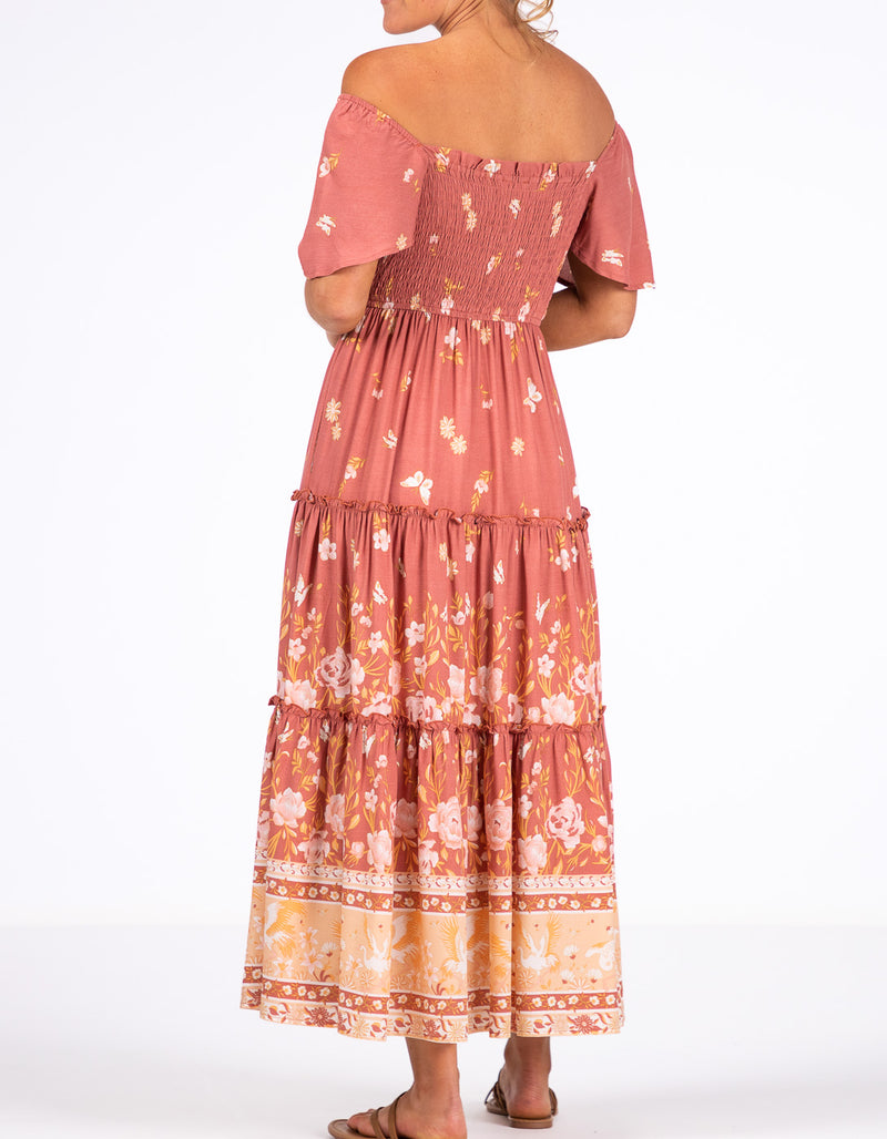 Hallie Shirred Bodice Dress in Salmon Floral