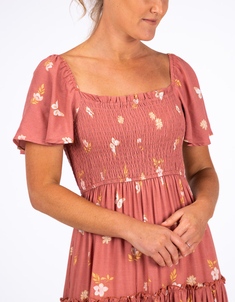 Hallie Shirred Bodice Dress in Salmon Floral