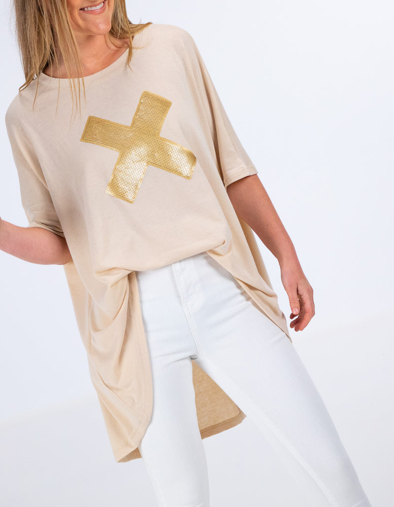 Xavier Sequin Cross Tee in Taupe