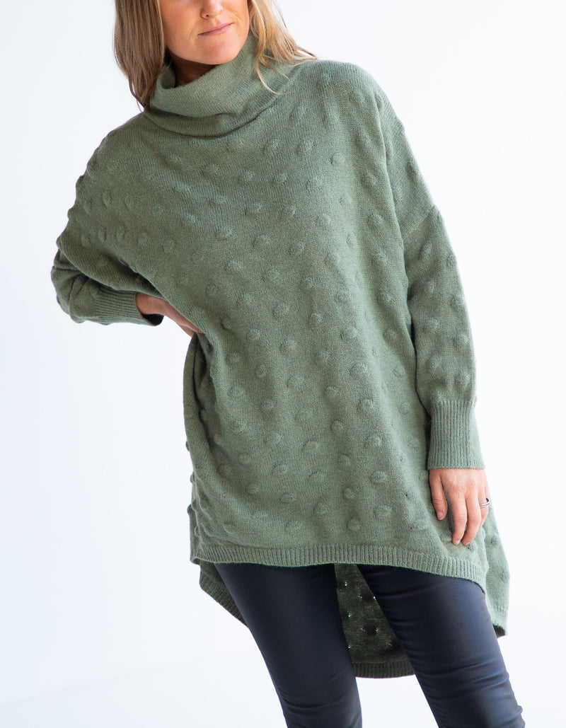Theo Oversize Bubble Knit Jumper in Olive