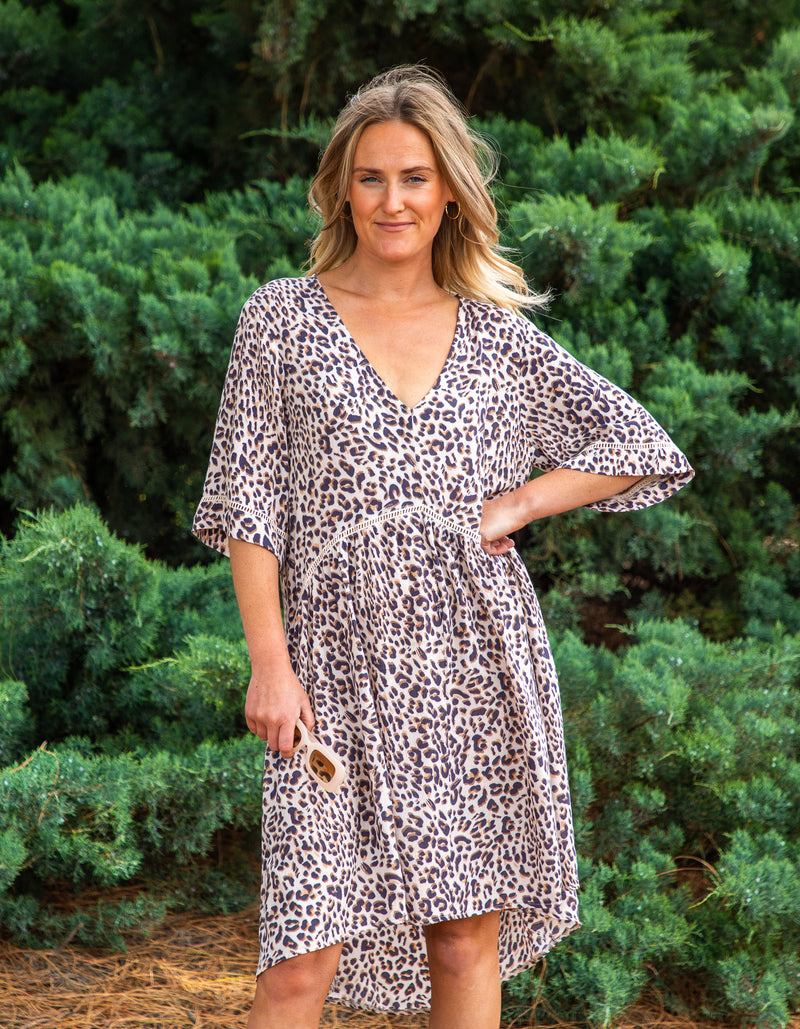 Mindil Cotton Dress in Beige/Black Leopard