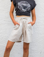 Nikki Elastic Waist Shorts in Beige Linen