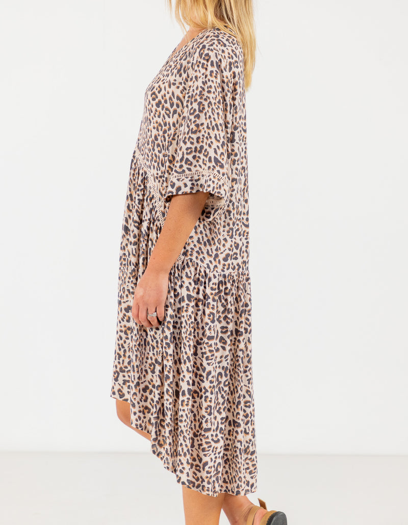 Mindil Cotton Dress in Beige/Black Leopard