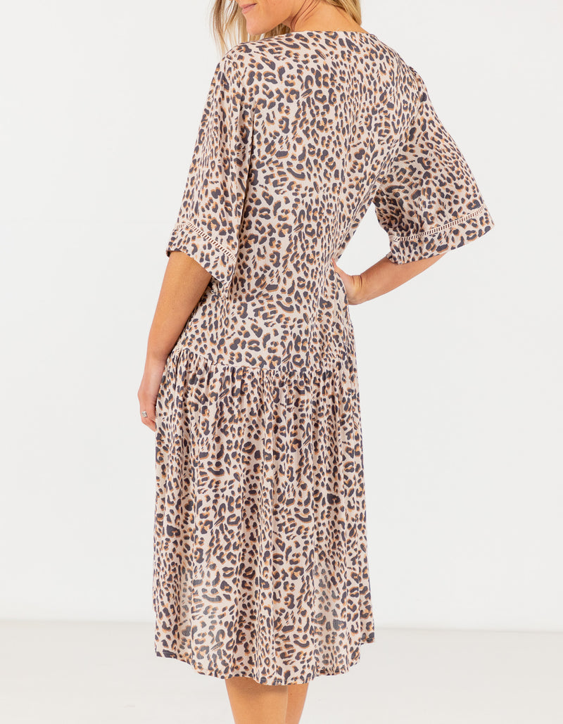 Mindil Cotton Dress in Beige/Black Leopard